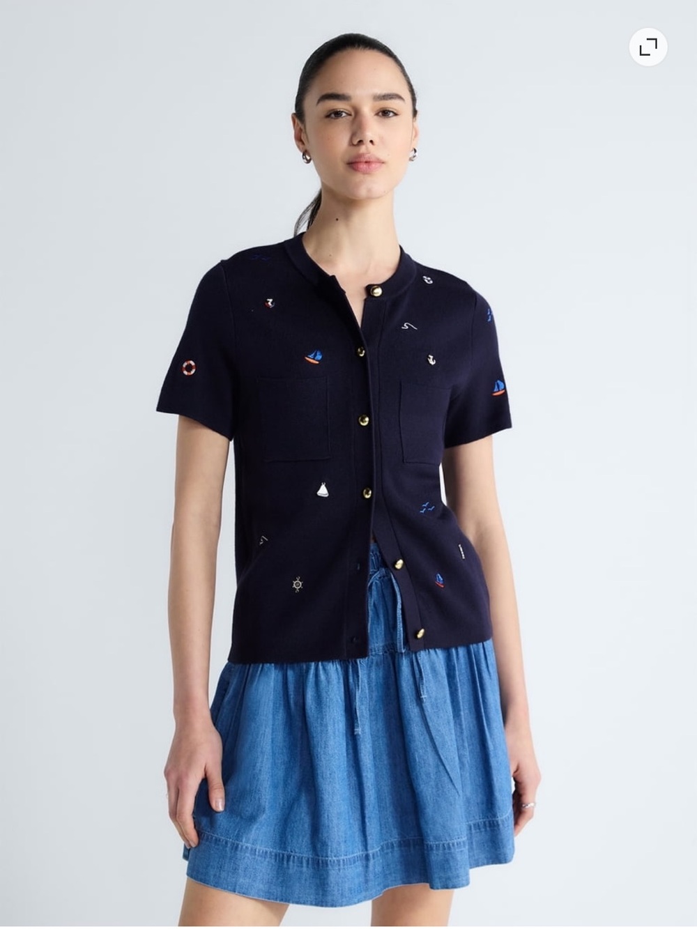 NWT FREE ASSEMBLY Nautical Navy Short-Sleeve Embroidered Cardigan Shirt Sweater